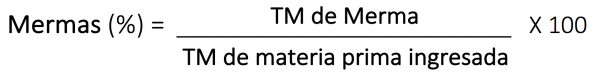Formula porcentaje de mermas para cada materia prima evaluada